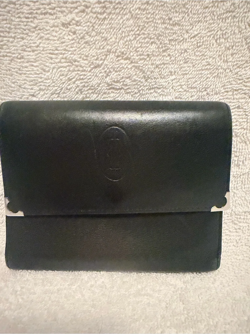 Cartier Black Leather Wallet Clutch with Silver Tone Accents